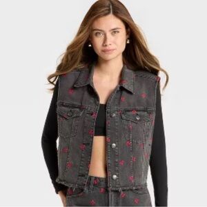 Black Denim Vest with Red cherry Embroidery